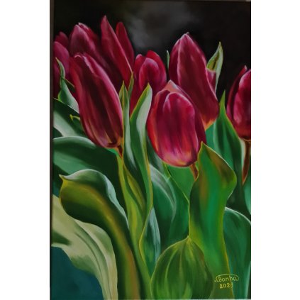 Červené tulipány, originální ručně malovaný olejový obraz, olejomalba na platně, rozměr 60x40 cm