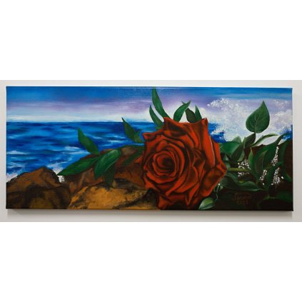 Růže u moře, originální ručně malovaný olejový obraz, olejomalba na platně, rozměr 70x30 cm