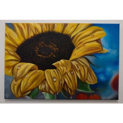 Slunečnice, ranní rosa, originální ručně malovaný olejový obraz, olejomalba na platně, rozměr 60x50 cm