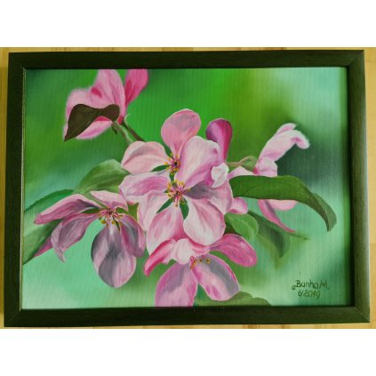 Višeň květ, originální ručně malovaný olejový obraz, olejomalba na platně, rozměr 40x30 cm