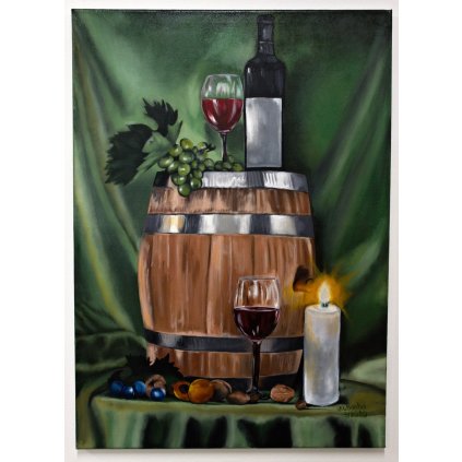 Vino a soudek, originální ručně malovaný olejový obraz, olejomalba na platně, rozměr 50x70 cm