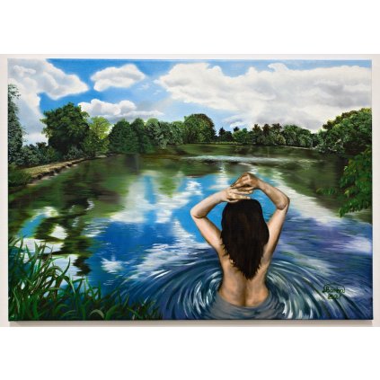 Žena ve vodě, originální ručně malovaný olejový obraz, olejomalba na platně, rozměr 70x50 cm