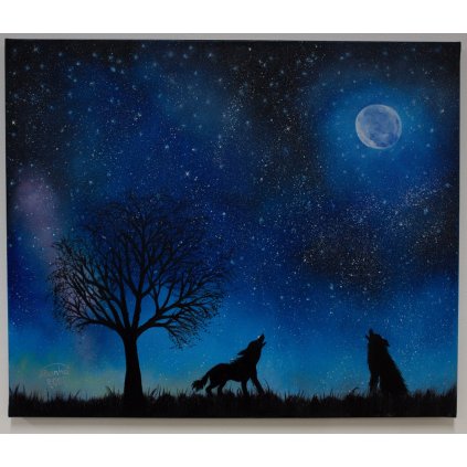 Hvězdna noc, vlky, originální ručně malovaný olejový obraz, olejomalba na platně, rozměr 60x50 cm