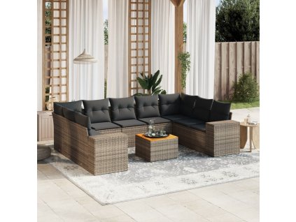 10dílná zahradní sedací souprava s poduškami šedá polyratan 3225591