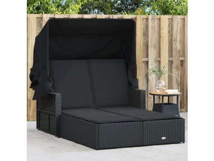 Dvojité zahradní lehátko se stříškou a podušky černé polyratan 365807