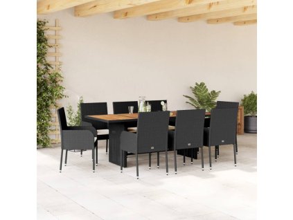 9dílný zahradní jídelní set s poduškami černý polyratan 3213511
