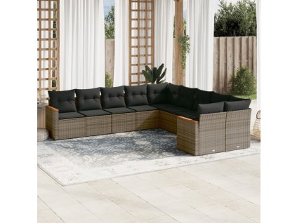 10dílná zahradní sedací souprava s poduškami šedá polyratan 3258756