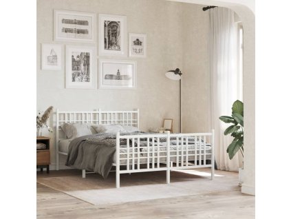 Kovový rám postele s hlavovým a nožním čelem bílý 120 x 200 cm 376389