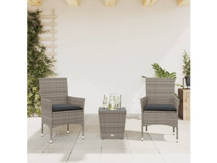 3dílný bistro set s poduškami šedý polyratan a sklo 3278742