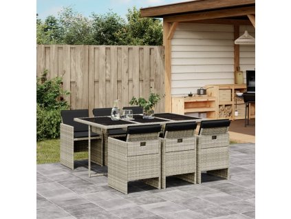 7dílný zahradní jídelní set s poduškami světle šedý polyratan 3277678