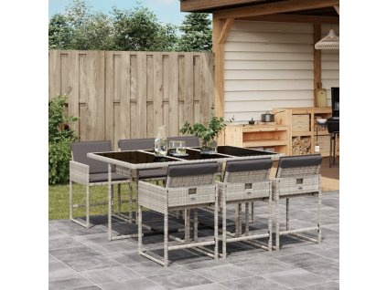 7dílný zahradní jídelní set s poduškami světle šedý polyratan 3278038