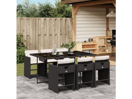 7dílný zahradní jídelní set s poduškami černý polyratan 3277853