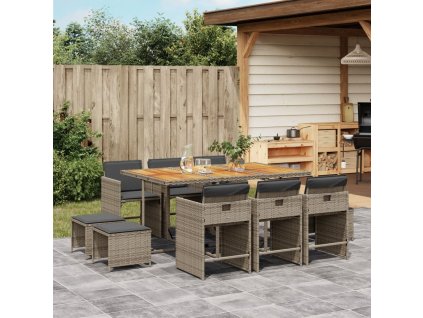 11dílný zahradní jídelní set s poduškami šedý polyratan 3277921