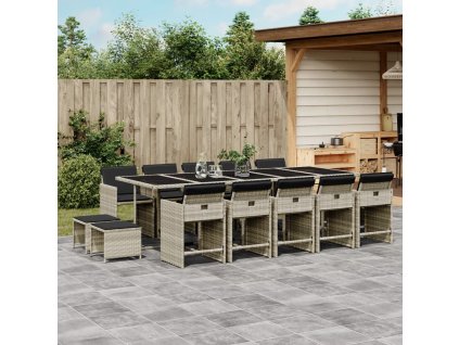 15dílný zahradní jídelní set s poduškami světle šedý polyratan 3277942