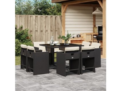 9dílný zahradní jídelní set s poduškami černý polyratan 3277961