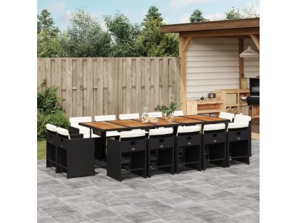 15dílný zahradní jídelní set s poduškami černý polyratan 3278006