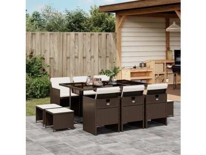 11dílný zahradní jídelní set s poduškami hnědý polyratan 3277736