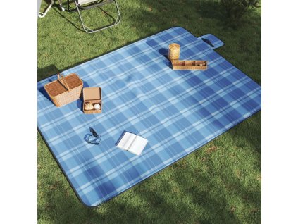 Pikniková deka skládací modrá kostkovaná 200 x 150 cm samet 4004203