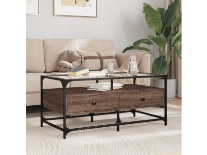 Konferenční stolek skleněná deska hnědý dub 98,5x50x45 cm ocel 846048