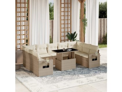 10dílná zahradní sedací souprava s poduškami béžová polyratan 3268108