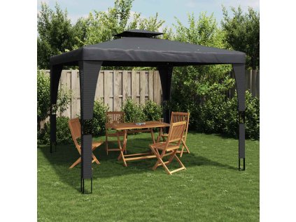 Altán s dvojitou střechou antracitový 3,98 x 2,98 m ocel 368443