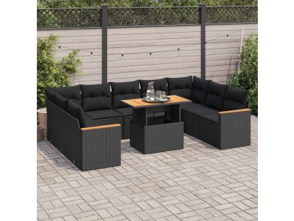 10dílná zahradní sestava s poduškami černá polyratan akácie 3327527