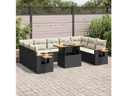 10dílná zahradní sestava s poduškami černá polyratan akácie 3327640