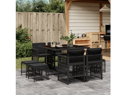 9dílný zahradní jídelní set s poduškami černý polyratan 3210955