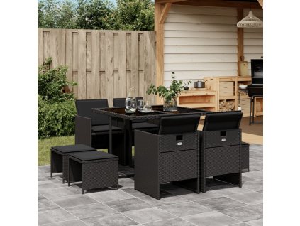 9dílný zahradní jídelní set s poduškami černý polyratan 3210595