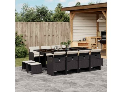 13dílný zahradní jídelní set s poduškami černý polyratan 3210618