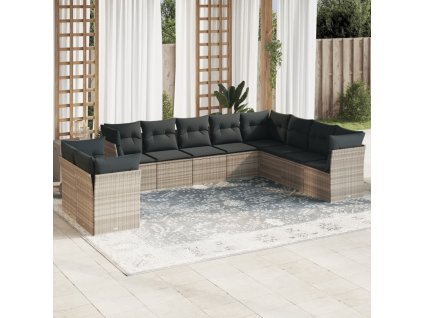 10dílná zahradní sedací souprava podušky světle šedá polyratan 3249701