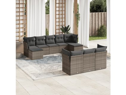 10dílná zahradní sedací souprava s poduškami šedá polyratan 3250169