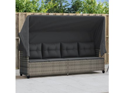 Zahradní lehátko se stříškou a poduškami šedé polyratan 368337