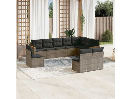 10dílná zahradní sedací souprava s poduškami šedá polyratan 3258476