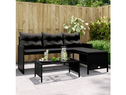 Zahradní pohovka ve tvaru L stolek a podušky černá polyratan 365572
