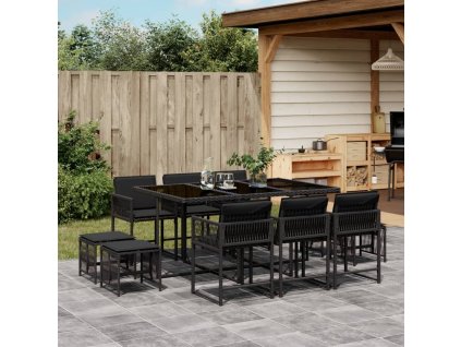 11dílný zahradní jídelní set s poduškami černý polyratan 3211507