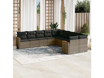 10dílná zahradní sedací souprava s poduškami šedá polyratan 3226354