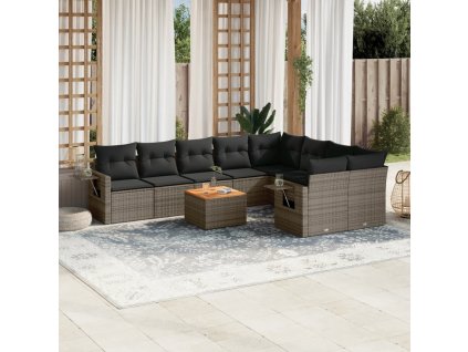 10dílná zahradní sedací souprava s poduškami šedá polyratan 3257054