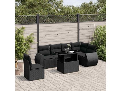 7dílná zahradní sedací souprava s poduškami černá polyratan 3268565