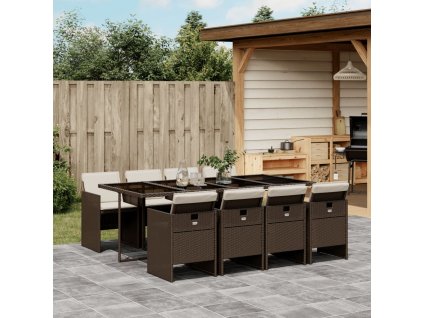 9dílný zahradní jídelní set s poduškami hnědý polyratan 3277688