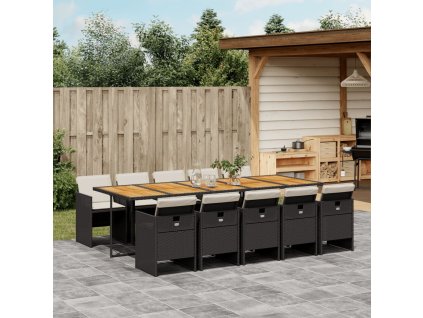 11dílný zahradní jídelní set s poduškami černý polyratan 3277706