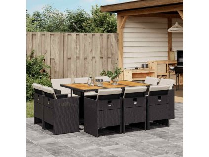 11dílný zahradní jídelní set s poduškami černý polyratan 3277802