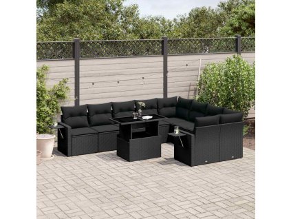 10dílná zahradní sedací souprava s poduškami černá polyratan 3268125