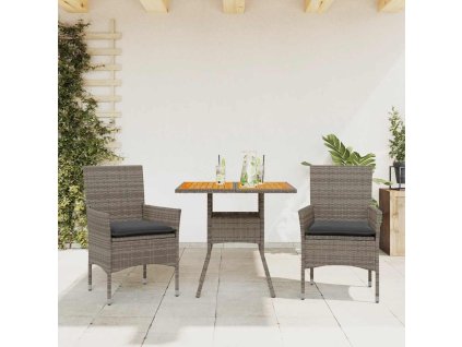 3dílný zahradní jídelní set s poduškami šedý polyratan a akácie 3278713