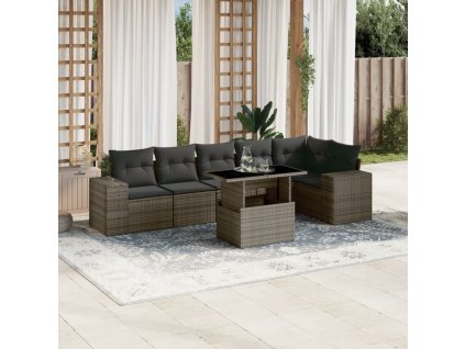 7dílná zahradní sedací souprava s poduškami šedá polyratan 3269180