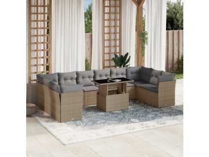 11dílný zahradní sedací souprava s poduškami béžový polyratan 3266859