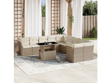 11dílný zahradní sedací souprava s poduškami béžový polyratan 3266878