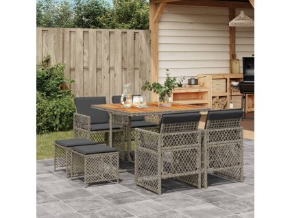 9dílný zahradní jídelní set s poduškami šedý polyratan 3210782