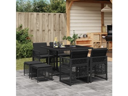 9dílný zahradní jídelní set s poduškami černý polyratan 3210775