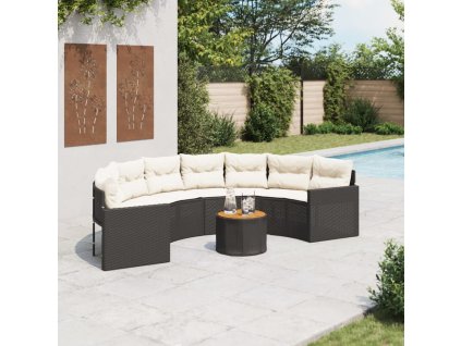 Zahradní pohovka se stolem a podušky půlkruhová černá polyratan 3318521